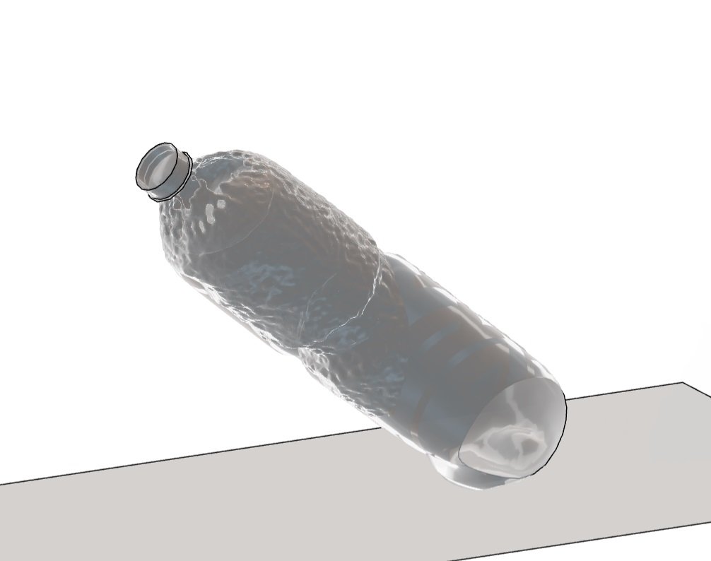 A imagem apresenta a simulação realizada dentro do software Simulia utilizando uma garrafa com líquido dentro, realizando uma análise de impacto com interação de fluido.