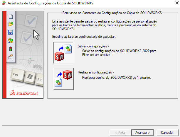 Página do assistente de configurações para a instalação do software SOLIDWORKS.