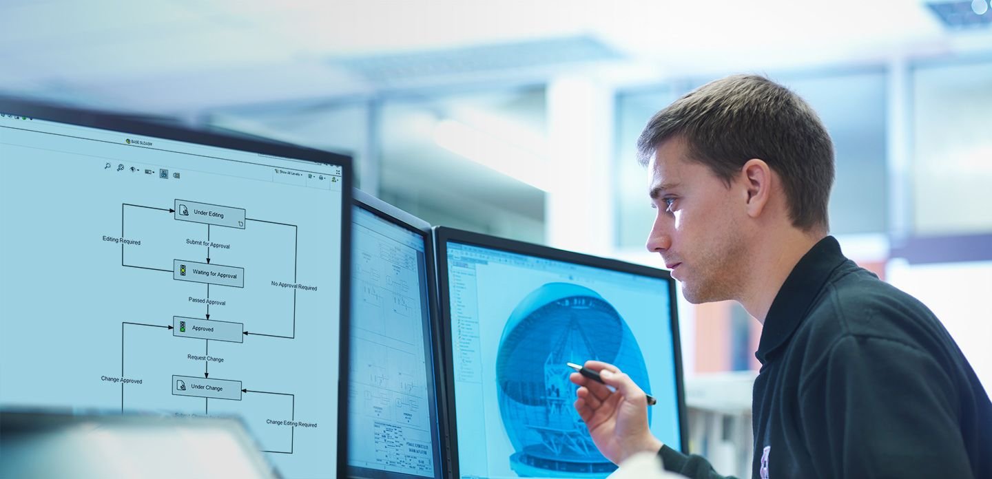 A imagem apresenta um homem em frente ao seu computador, com 3 telas em sua frente. Ele aparenta estar mexendo em um software CAD.
