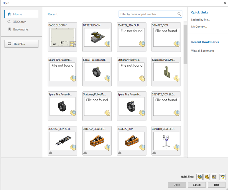 De acordo com a imagem,  você pode fazer uma busca rápida por arquivos recentes no topo da página e ter a opção de buscar mais arquivos na plataforma 3DEXPERIENCE usando a aba 3DSearch.