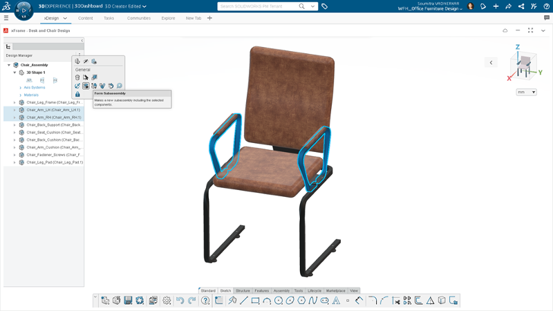 Imagem que mostra o software SOLIDWORKS CAD 3D sendo executado com as funções baseadas em navegador.