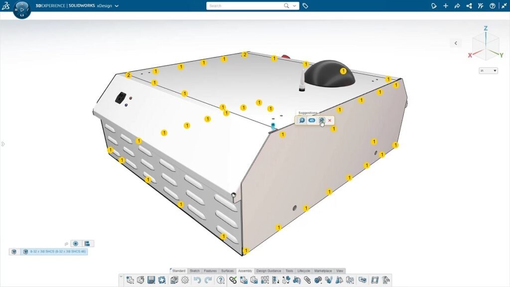 A imagem mostra a interface do SOLIDWORKS CAD 3D com as ferramentas CAD.