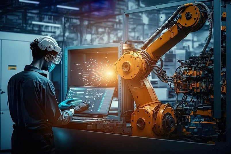 A imagem apresenta um ambiente de fábrica, com um braço robô amarelo, uma tela de computador e um homem operacionalizando.