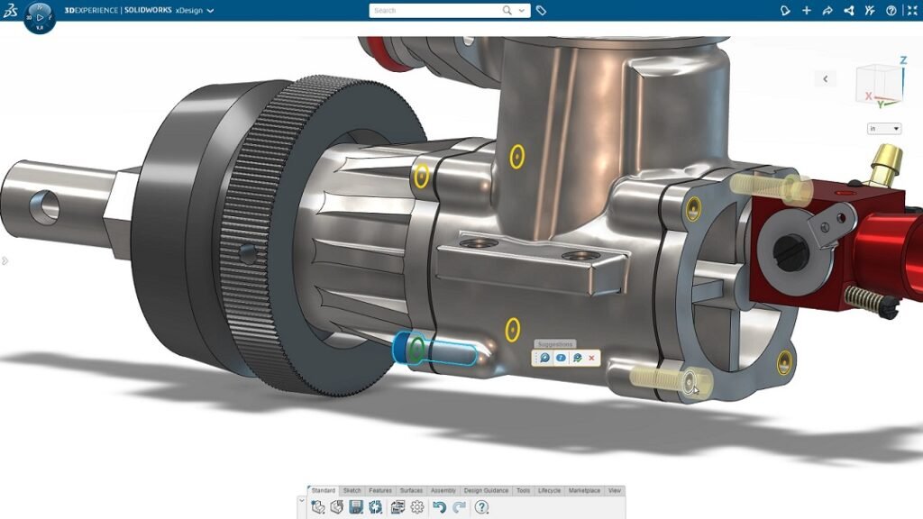 A imagem mostra a interface do SOLIDWORKS CAD 3D na Plataforma 3DEXPERIENCE com as ferramentas de inteligência artificial.