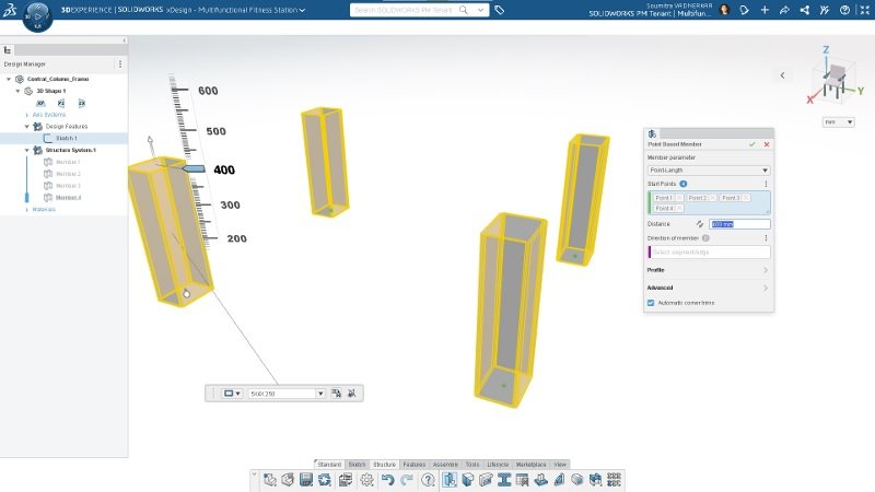 A imagem mostra a interface do SOLIDWORKS CAD 3D na Plataforma 3DEXPERIENCE através de um projeto aberto, mostrando o comando de membro baseado em pontos.