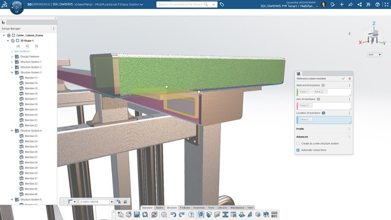 A imagem mostra a interface do SOLIDWORKS CAD 3D na Plataforma 3DEXPERIENCE através de um projeto aberto, mostrando o comando de membro do plano de referência.