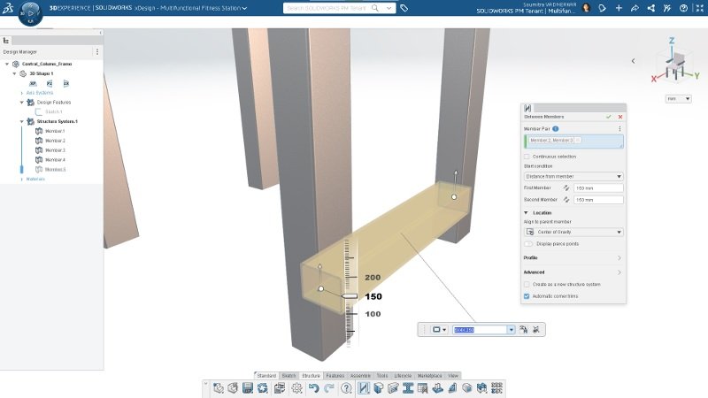 A imagem mostra a interface do SOLIDWORKS CAD 3D na Plataforma 3DEXPERIENCE através de um projeto aberto, mostrando o comando de entre membros.