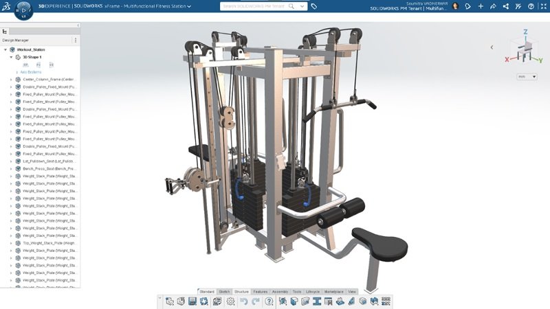 A imagem mostra a interface do SOLIDWORKS CAD 3D na Plataforma 3DEXPERIENCE através de um projeto aberto.