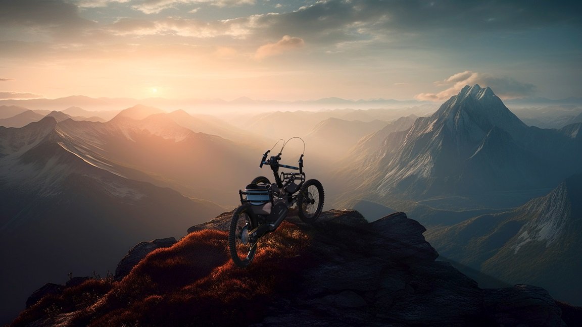 A imagem apresenta a bicicleta "BowHead", produzida no software SOLIDWORKS CAD 3D, de forma realista. A bicicleta aparece em um ambiente de floresta com um por do sol ao fundo.