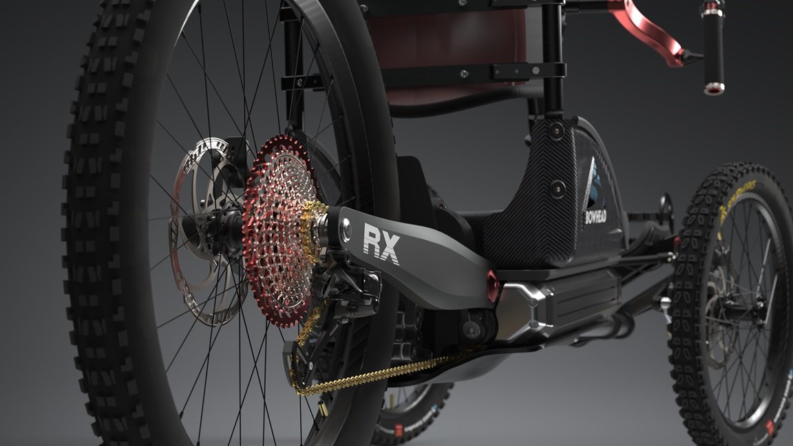 A imagem apresenta a bicicleta "BowHead", produzida no software SOLIDWORKS CAD 3D, de forma realista. A bicicleta aparece em uma em alguns detalhes na roda traseira.