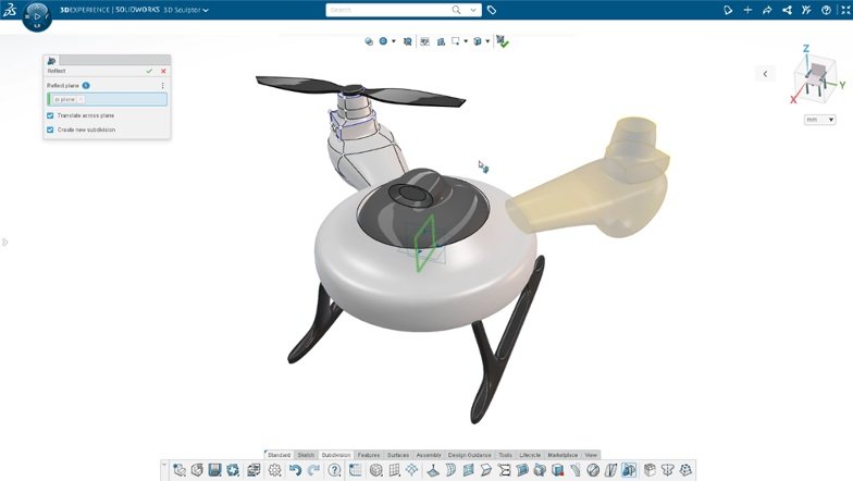 A imagem apresenta a interface do SOLIDWORKS CAD 3D, no ambiente de modelagem.