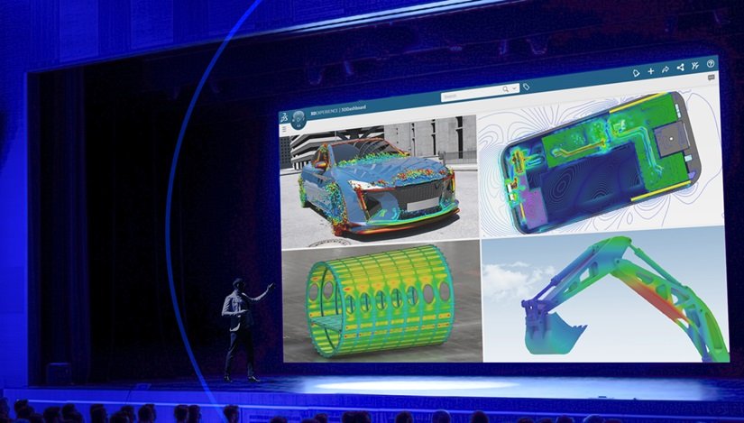 A imagem mostra um telão com algumas imagens de simulia abaqus aparecendo.