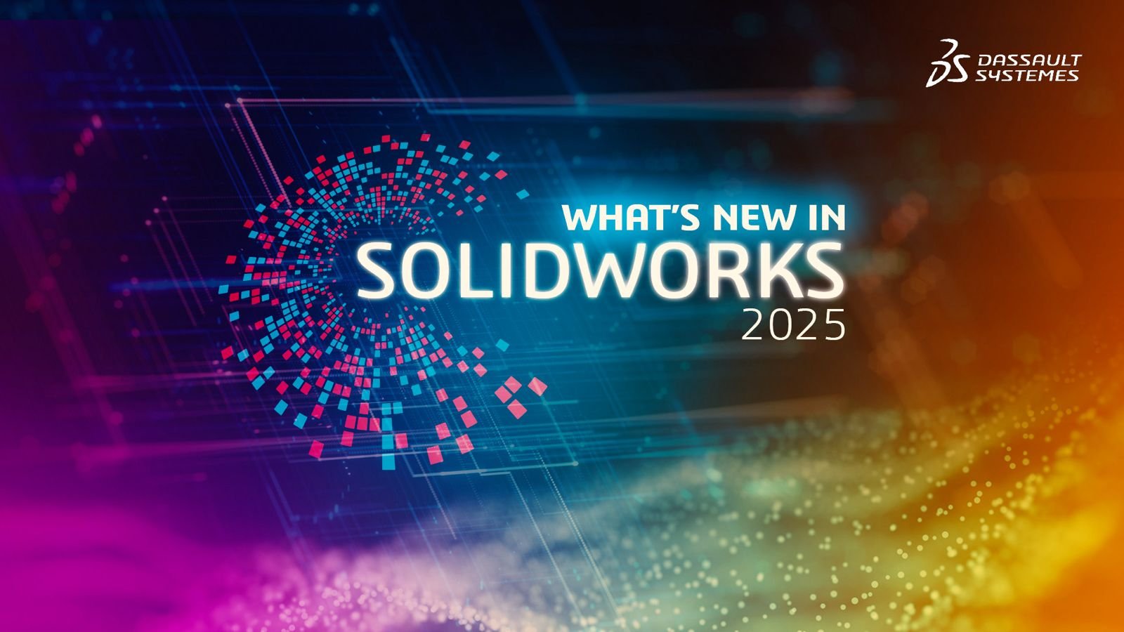 A imagem apresenta as palavras centralizadas 'What's new in SOLIDWORKS 2025', com o logo da Dassault Systèmes no topo ao lado direito. A imagem é colorida, passando por tons de azul, rosa e amarelo. A imagem de fundo é quadriculada e, à frente, há alguns pontos brilhosos.