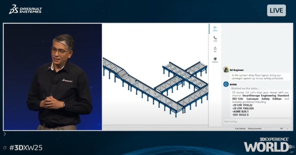 A imagem é um print da transmissão no YouTube do evento 3DEXPERIENCE World 2025. A imagem é dividida em 2 partes: à esquerda, o palestrante Manish Kumar; à direita, uma tela de software.