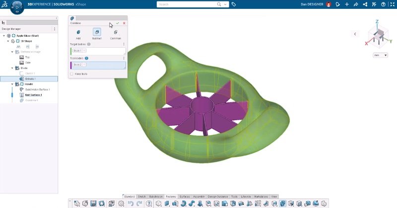 A imagem é um print de tela de software, com o aplicativo xShape aberto no ambiente da Plataforma 3DEXPERIENCE. Há uma forma complexa centralizada, sendo desenhada, nas cores roxo e verde.