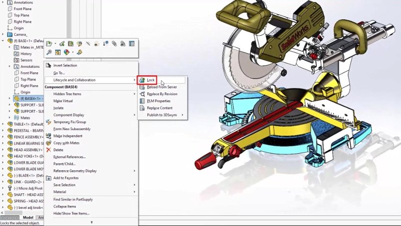 A imagem apresenta uma peça sendo produzida dentro do ambiente do software SOLIDWORKS CAD 3D, integrado à Plataforma 3DEXPERIENCE.