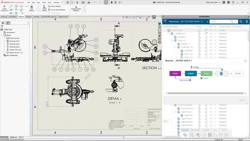 A imagem apresenta uma peça sendo produzida dentro do ambiente do software SOLIDWORKS CAD 3D, integrado à Plataforma 3DEXPERIENCE.