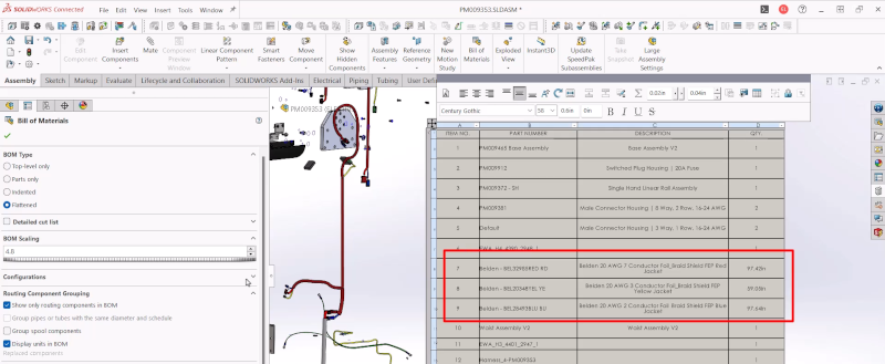 BOM combinada no Routing SOLIDWORKS 2025 SP3