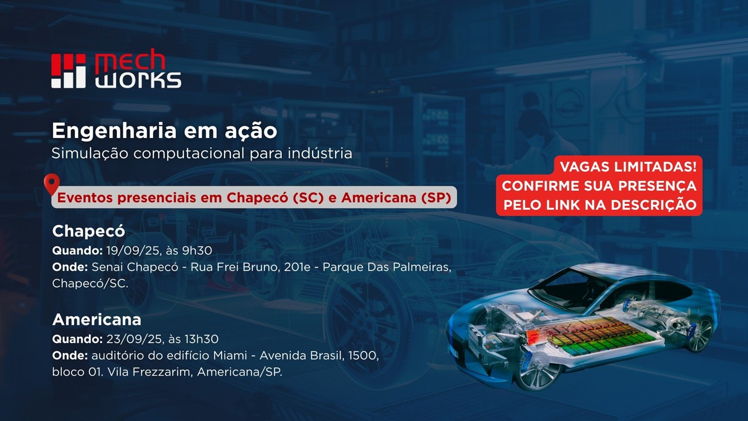 A imagem é um convite para os eventos de simulação computacional que serão realizados em Santa Catarina e São Paulo.