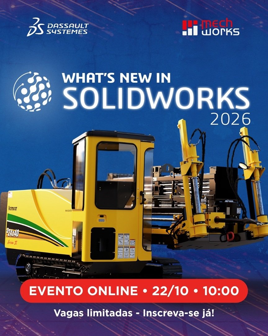 Imagem de divulgação e convite para o SOLIDWORKS 2026, evento de lançamento da nova versão do software. O evento online e gratuito acontece em 22/10, das 10h às 11h.