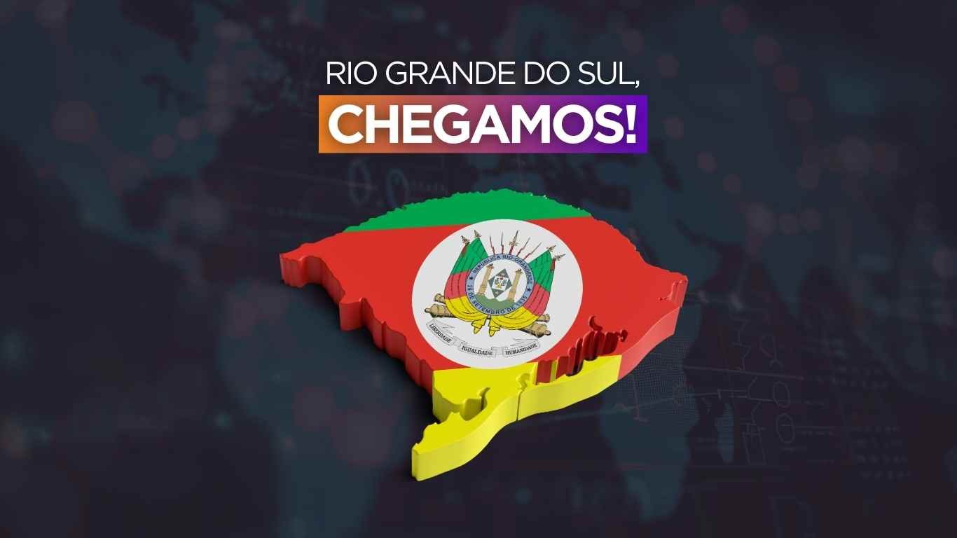 A imagem é referente ao anúncio da MechWorks - a VIAS3D Company sobre a expansão para o Rio Grande do Sul. Na imagem, consta a frase "Rio Grande do Sul, chegamos!" e, abaixo, o mapa do RS com a sua bandeira.