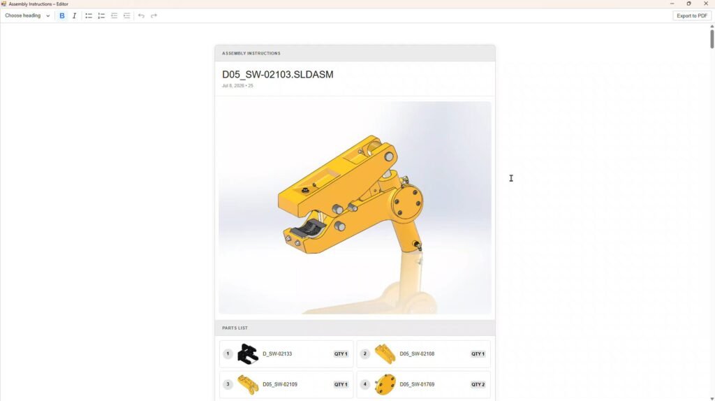Criação de instruções de montagem automática, novidade presente no SOLIDWORKS 2026 SP3