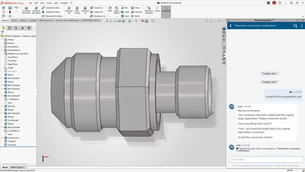 Reconhecimento automático de recursos em arquivos importados, novidade presente no SOLIDWORKS 2026 SP3