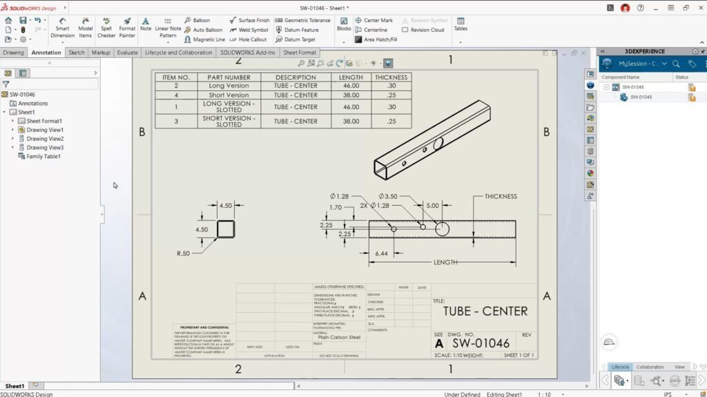 Tabela Família, novidade presente no SOLIDWORKS 2026 SP3