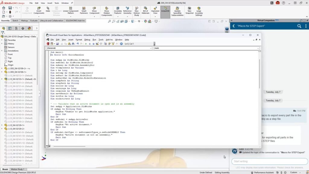 Criação de Macro pelo LEO IA, novidade presente no SOLIDWORKS 2026 SP3