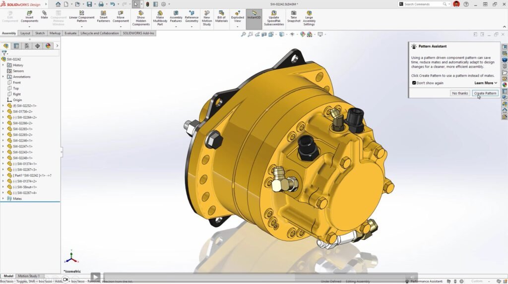 Criação de padrão por Assistente, novidade presente no SOLIDWORKS 2026 SP3