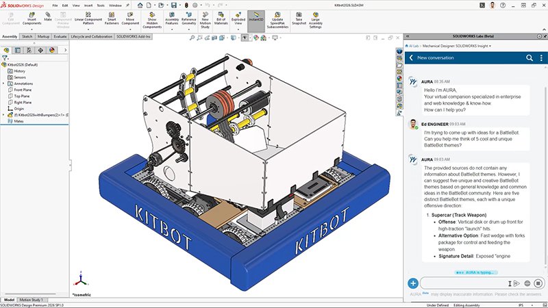 A imagem mostra a IA do SOLIDWORKS Aura em execução.