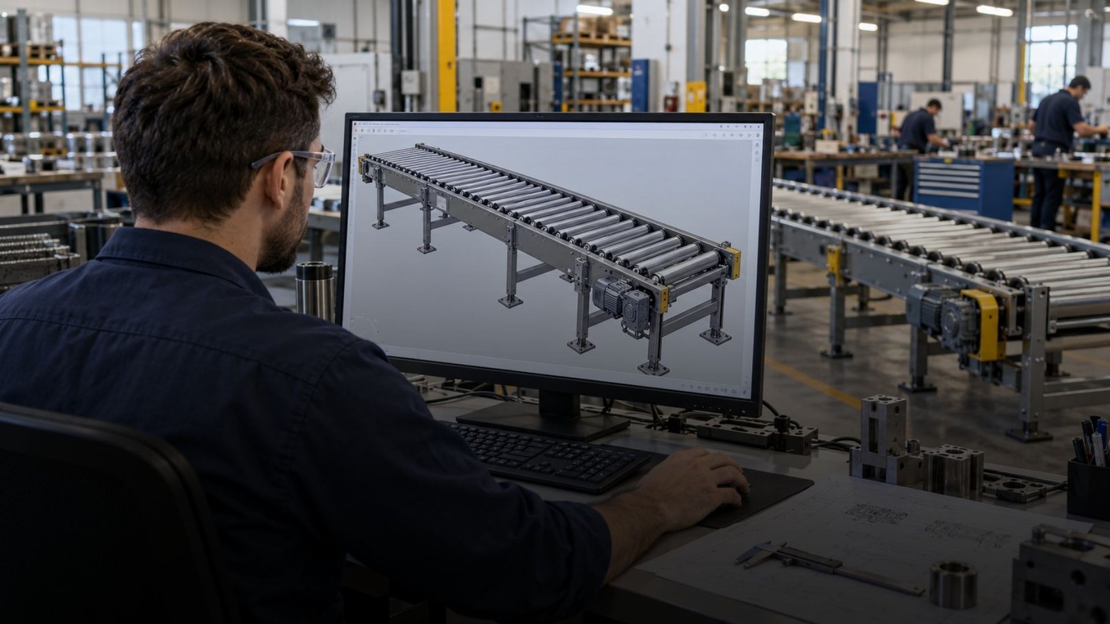 Engenheiro revisando o modelo 3D de um transportador industrial.