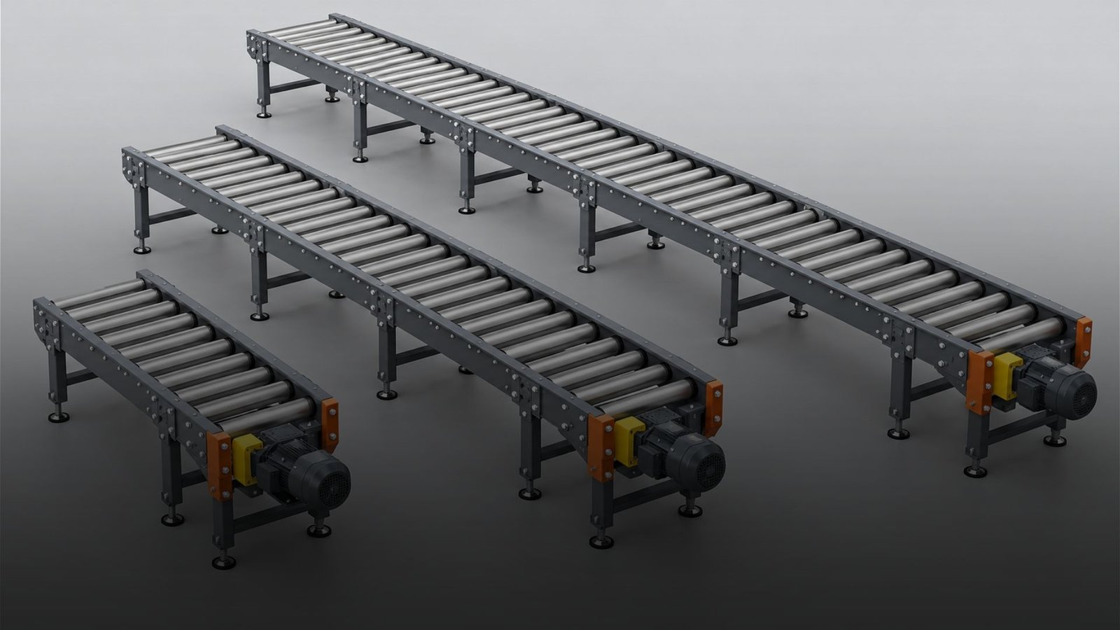 Modelos 3D de transportadores industriais com diferentes comprimentos e módulos comuns.